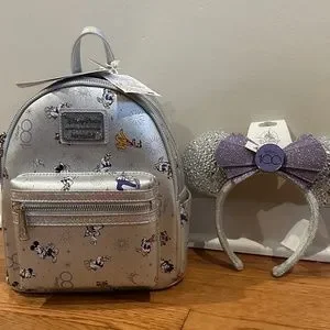 NWT! Disney100 Loungefly Backpack With Matching Ears Loungefly Disney100 Mickey & Friends All-Over Print  main image 3